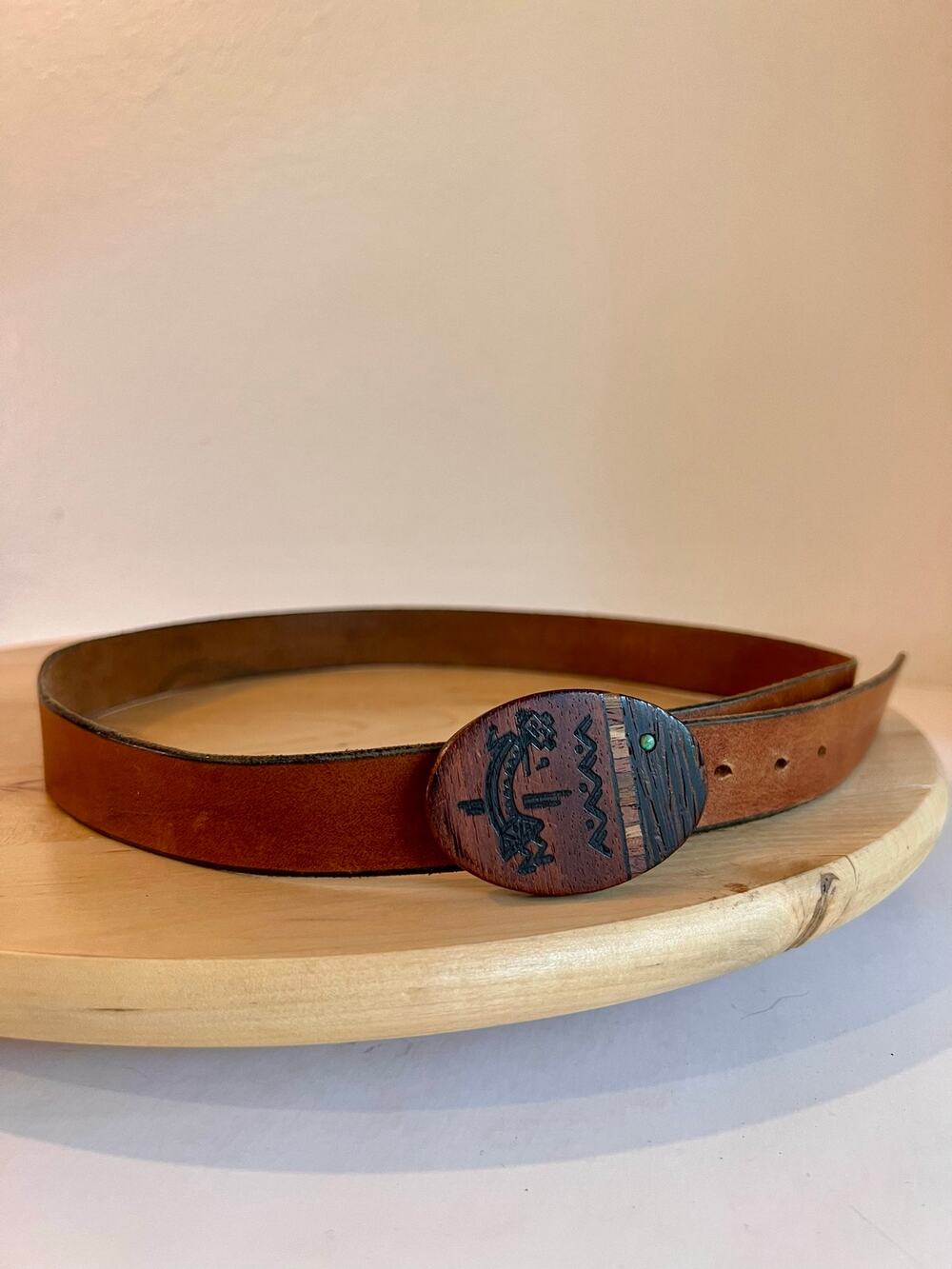 Vintage Brown Distress Genuine Leather Wood Southwestern Buckle Belt Size Small